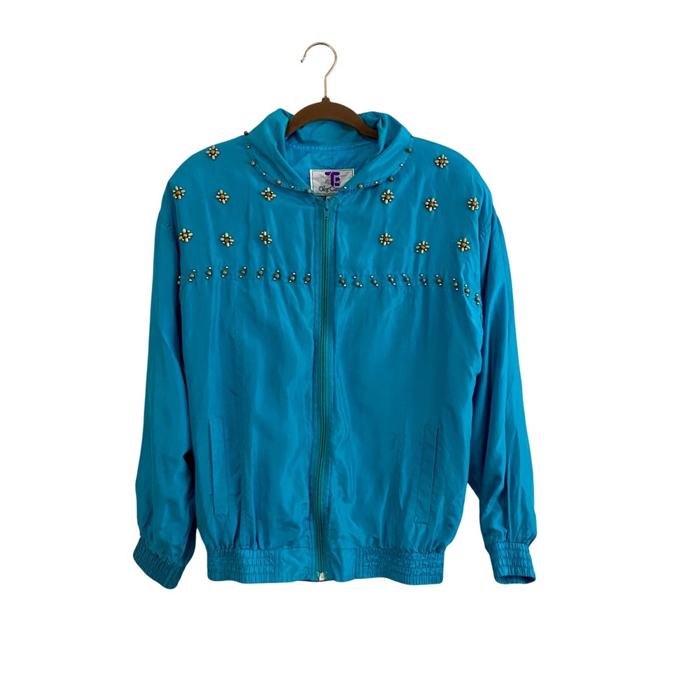VTG Oleg Cassini 80s Beaded Silk Bomber Jacket M Turquoise Art to Wear Boho